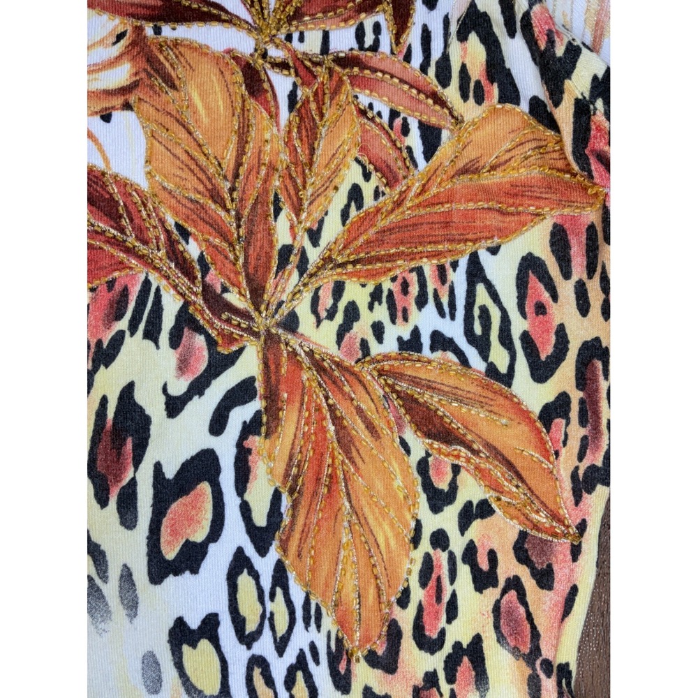 Cache Top Women Medium Yellow Animal Print Beaded Floral Scoop Neck 3/4 Sleeve - Picture 3 of 6